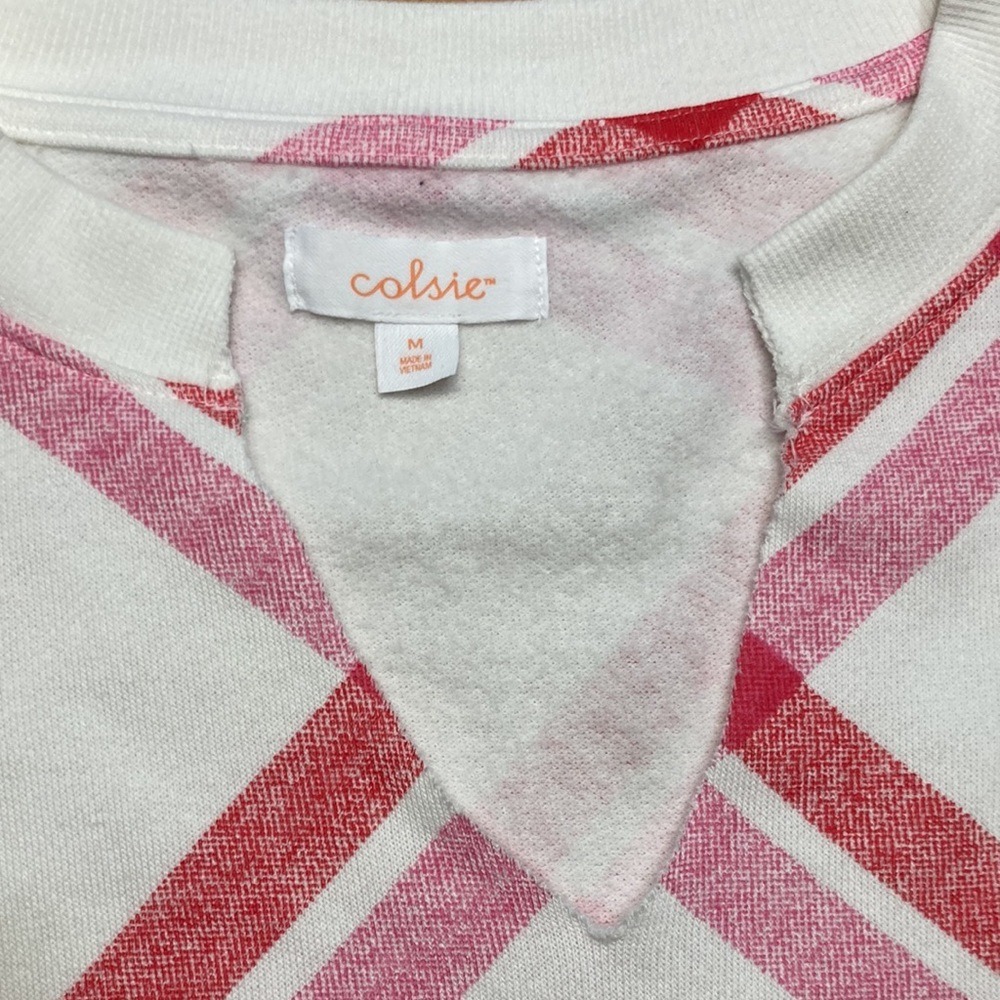 Colsie Preppy Pink Red Plaid Coquette Cropped Sweatshirt Medium NEW - Picture 3 of 8